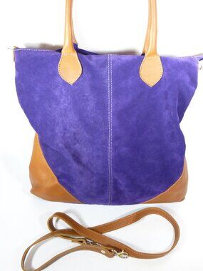 New purple suede handbag with brown smooth Italian leather accents